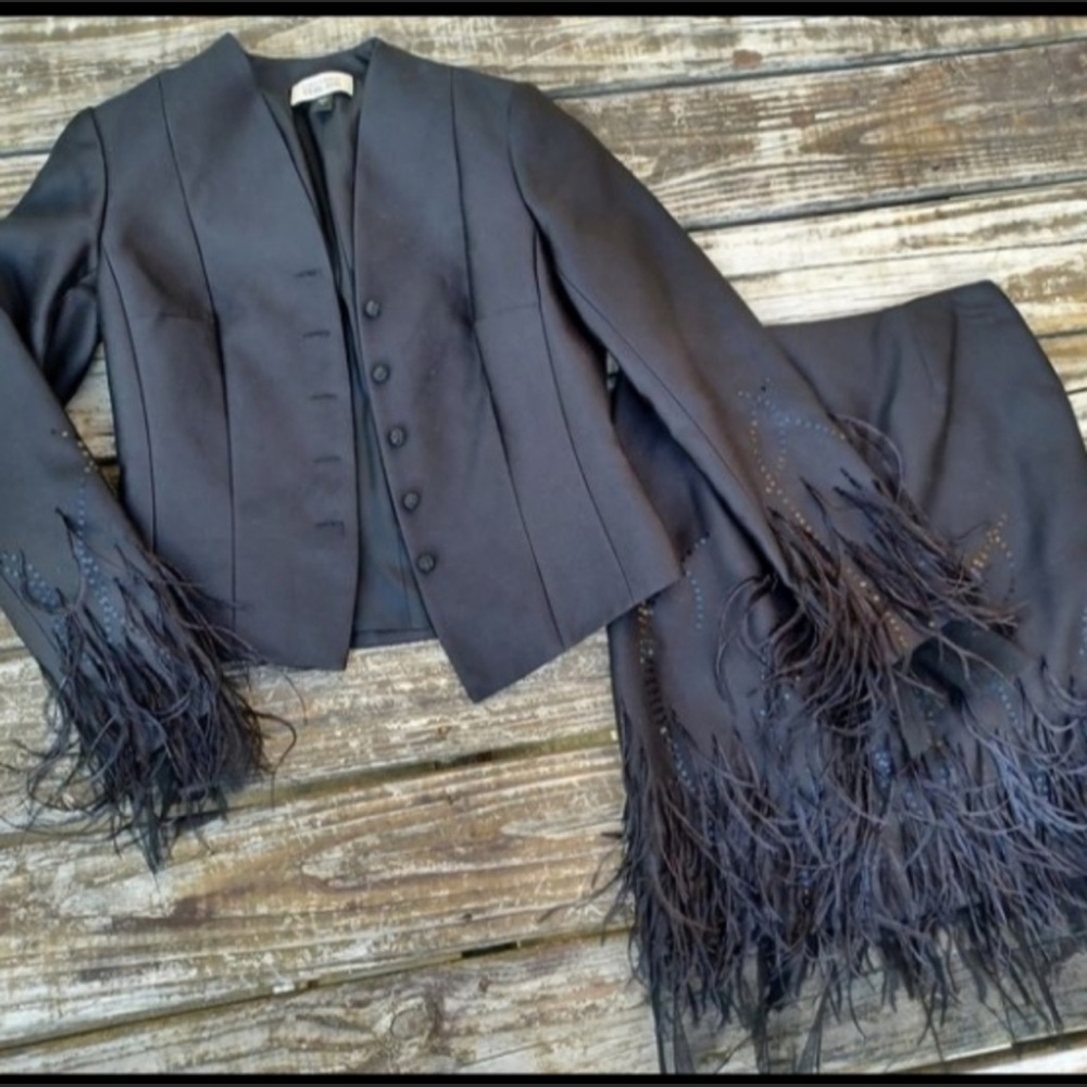 Black ostrich feather suit jacket and skirt.  Size 4